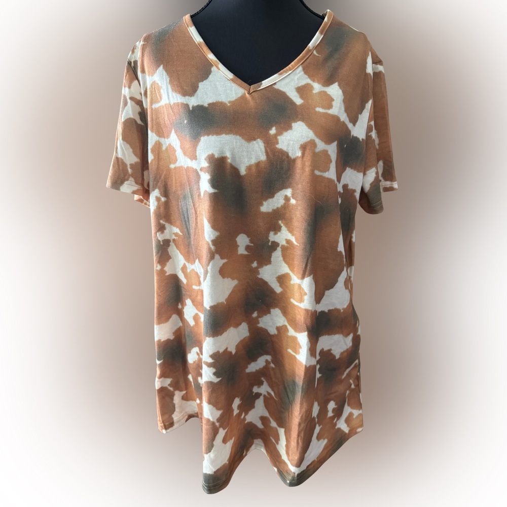 L&B Women's Western Brown and White Tie-Dye Cow Print Tunic‎ Size Medium